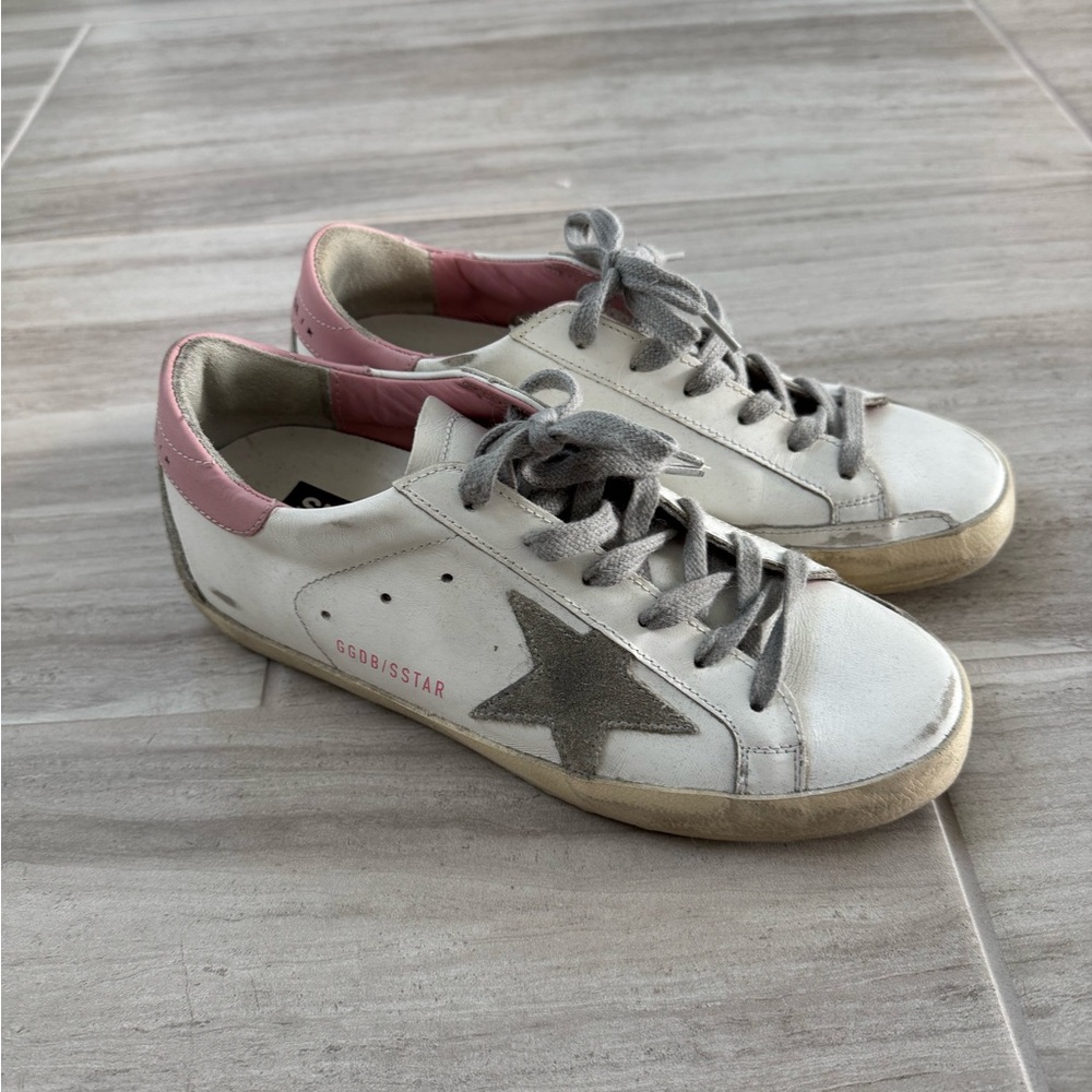 Golden Goose Super Star White and Pink Star Sneakers